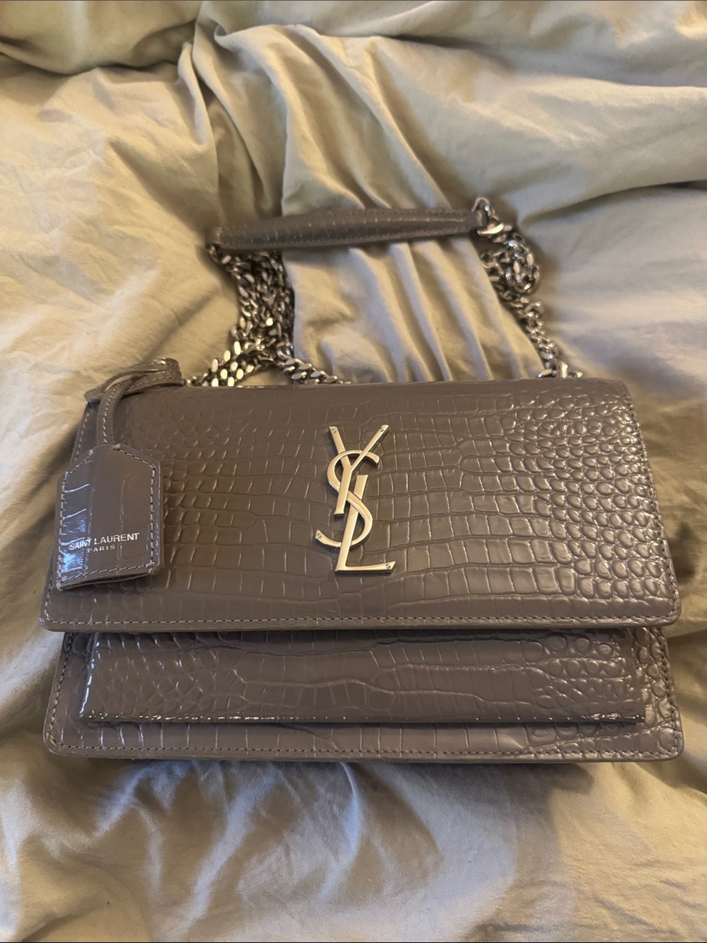 Saint Laurent Gray Croc-Embossed Sunset Chain Shoulder Bag
